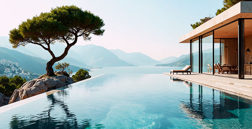 Piscina infinita de villa con vistas a la bahía